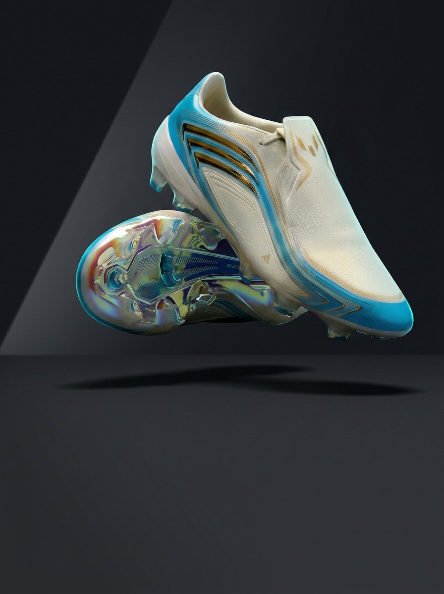 White and cyan Adidas F50 Messi football boots with iridescent soleplates